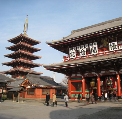 Sensoji Temple - "Hozomon and pagoda, Sensoji Temple, Asakusa, Tokyo" by Daderot - Own work. Licensed under Public Domain via Commons - https://commons.wikimedia.org/wiki/File:Hozomon_and_pagoda,_Sensoji_Temple,_Asakusa,_Tokyo.jpg#/media/File:Hozomon_and_pagoda,_Sensoji_Temple,_Asakusa,_Tokyo.jpg